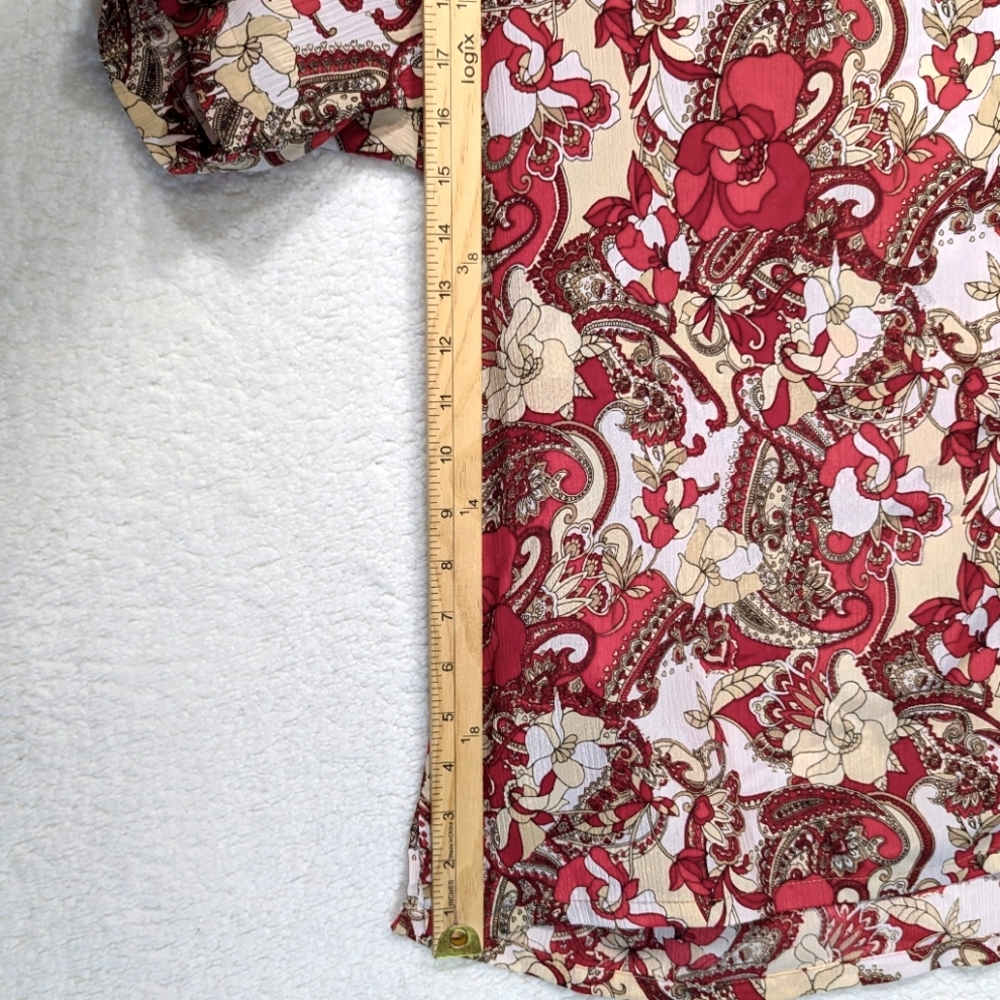 4/$75 Donnkenny Woman Floral Paisley Collared Blouse Lightweight Red White - Picture 6 of 7